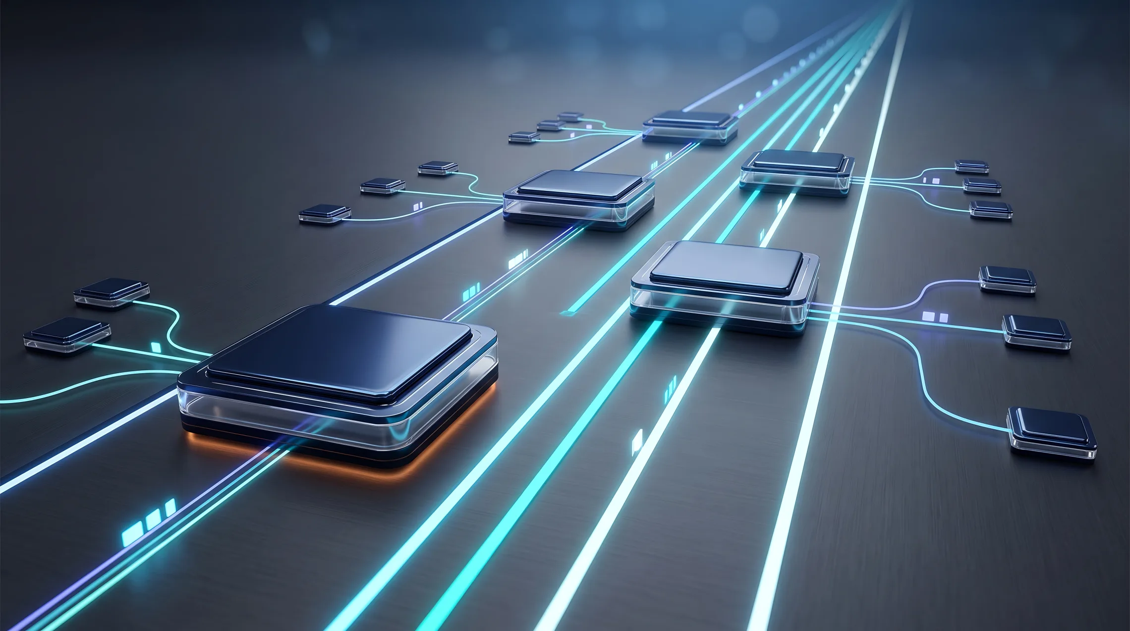 Glowing data paths linking processor modules across a circuit board