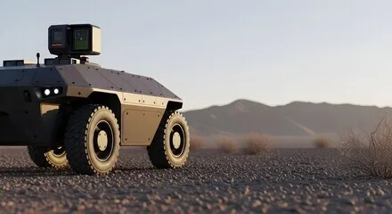 Armored ground vehicle fitted with an EO/IR sensor turret in desert terrain